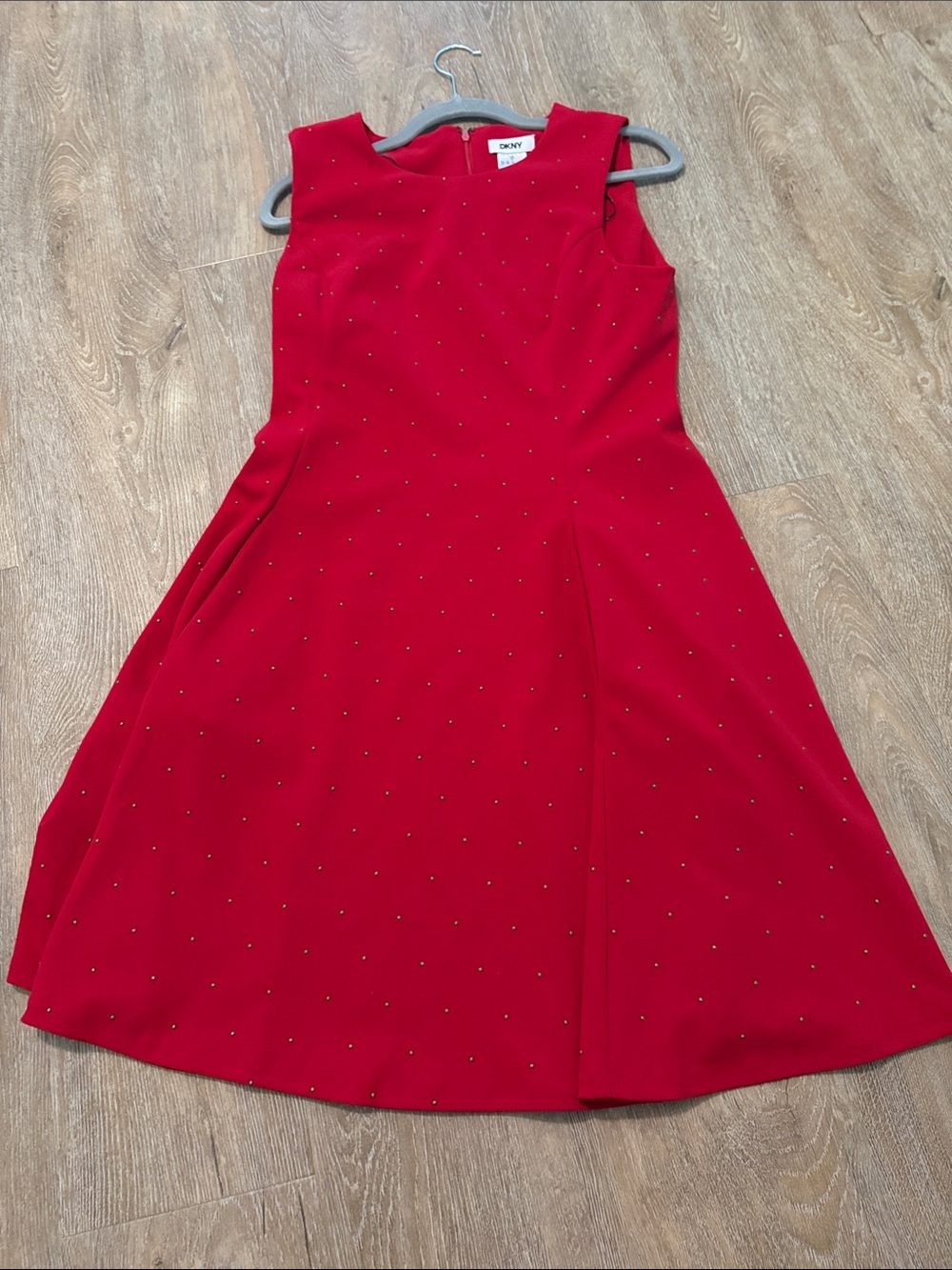 DKNY Red Sleeveless A-Line Dress with Subtle Stud Accents